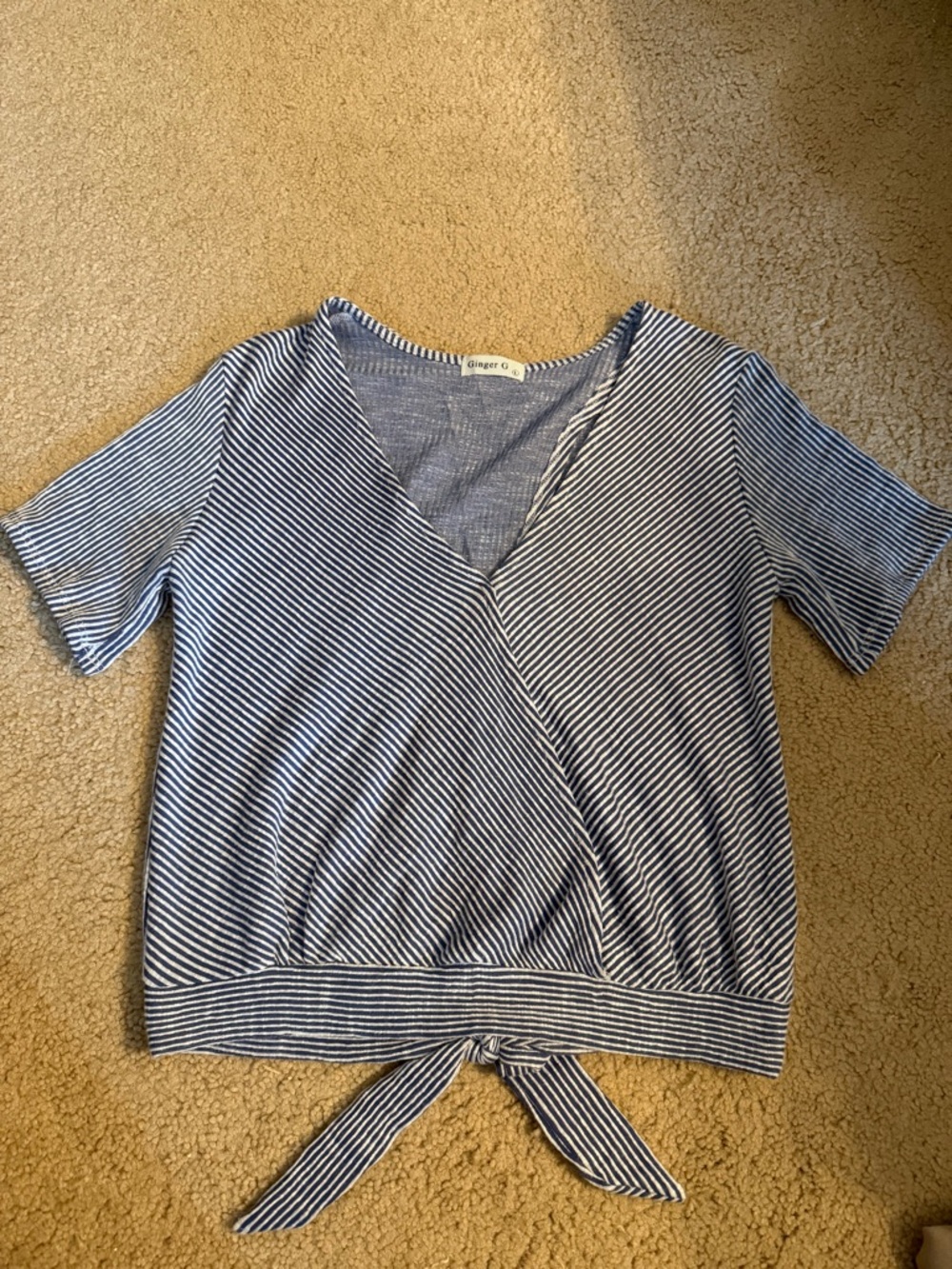 Ginger G Navy & White Striped V-Neck Tie-Front Top